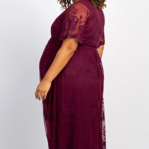 PinkBlush Burgundy Lace Mesh Overlay Plus Maternity Maxi Dress, 2X - Picture 3 of 5